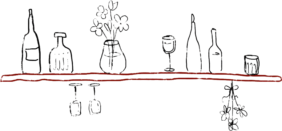 Illustration of a shelf of wine bottles, glasses and flowers