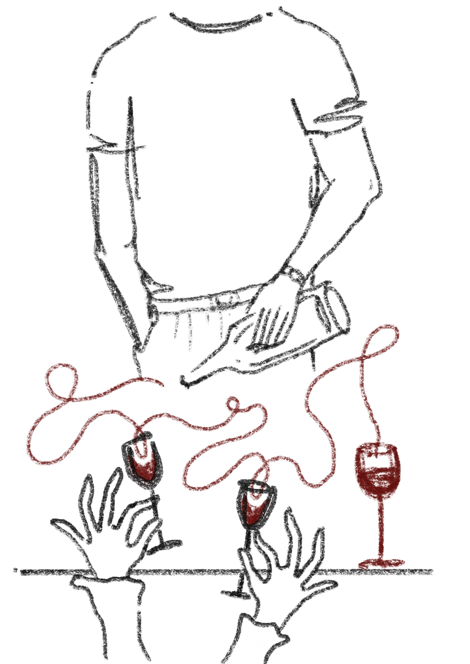 Illustration of a hand raising a glass of red wine among green brushstrokes