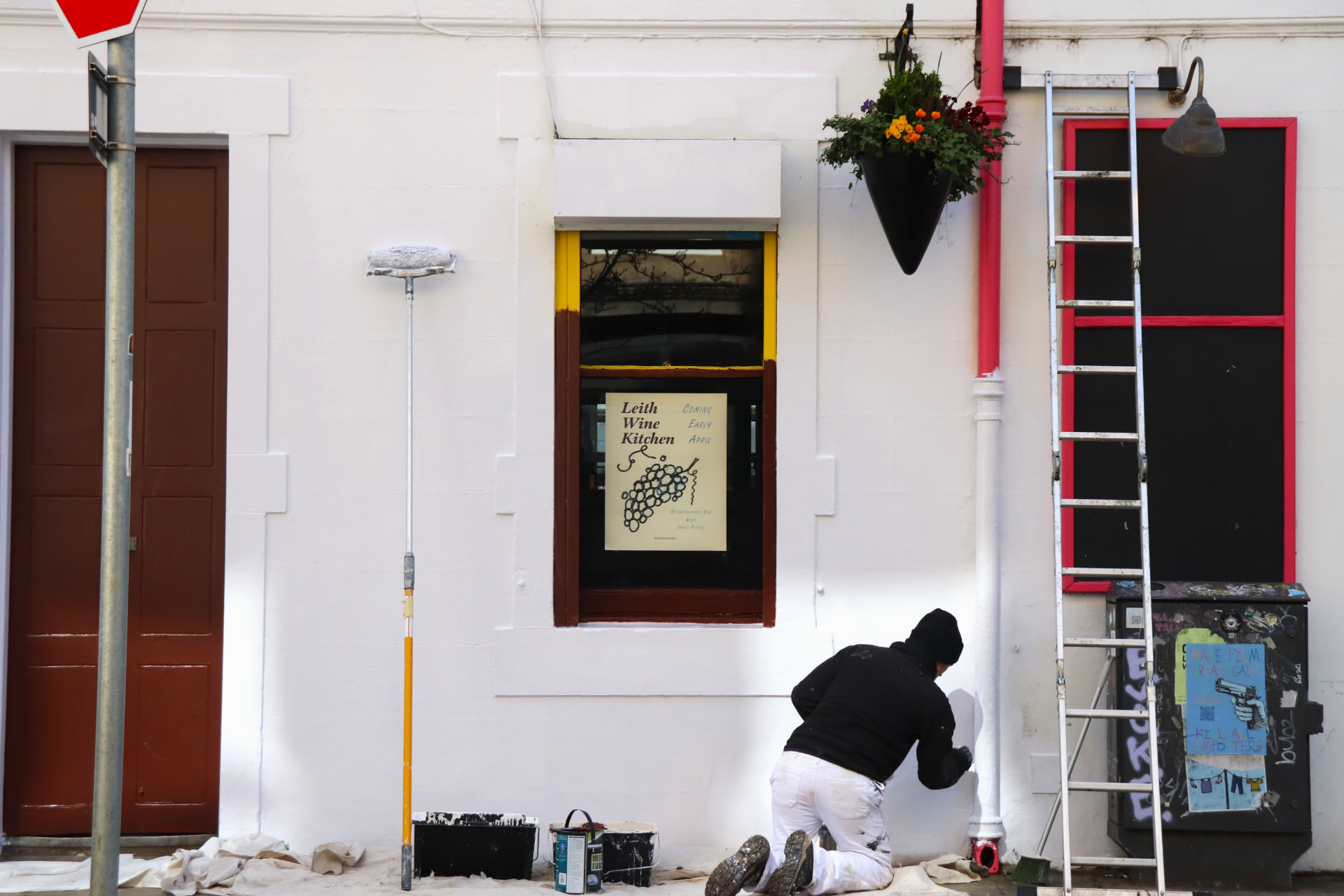 Painting the Leith Wine Kitchen shopfront on Leith Walk