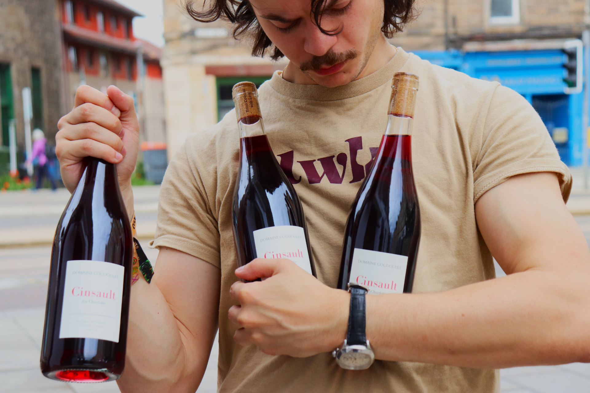 Three bottles of Cinsault outside Leith Wine Kitchen