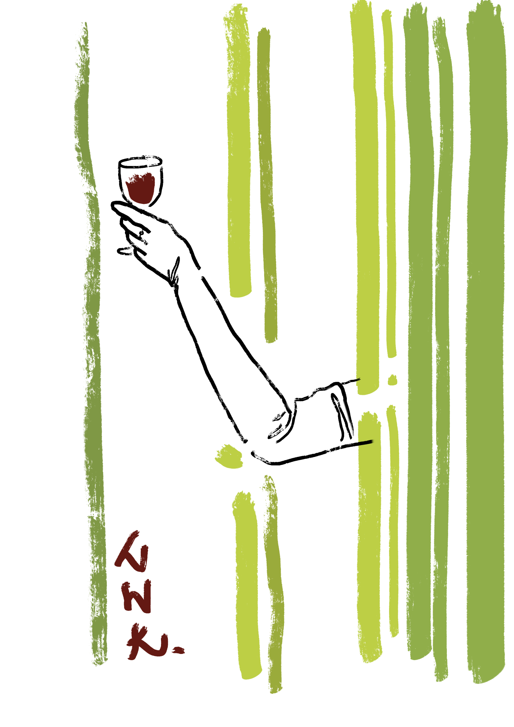 Illustration of a hand raising a glass of red wine among green brushstrokes